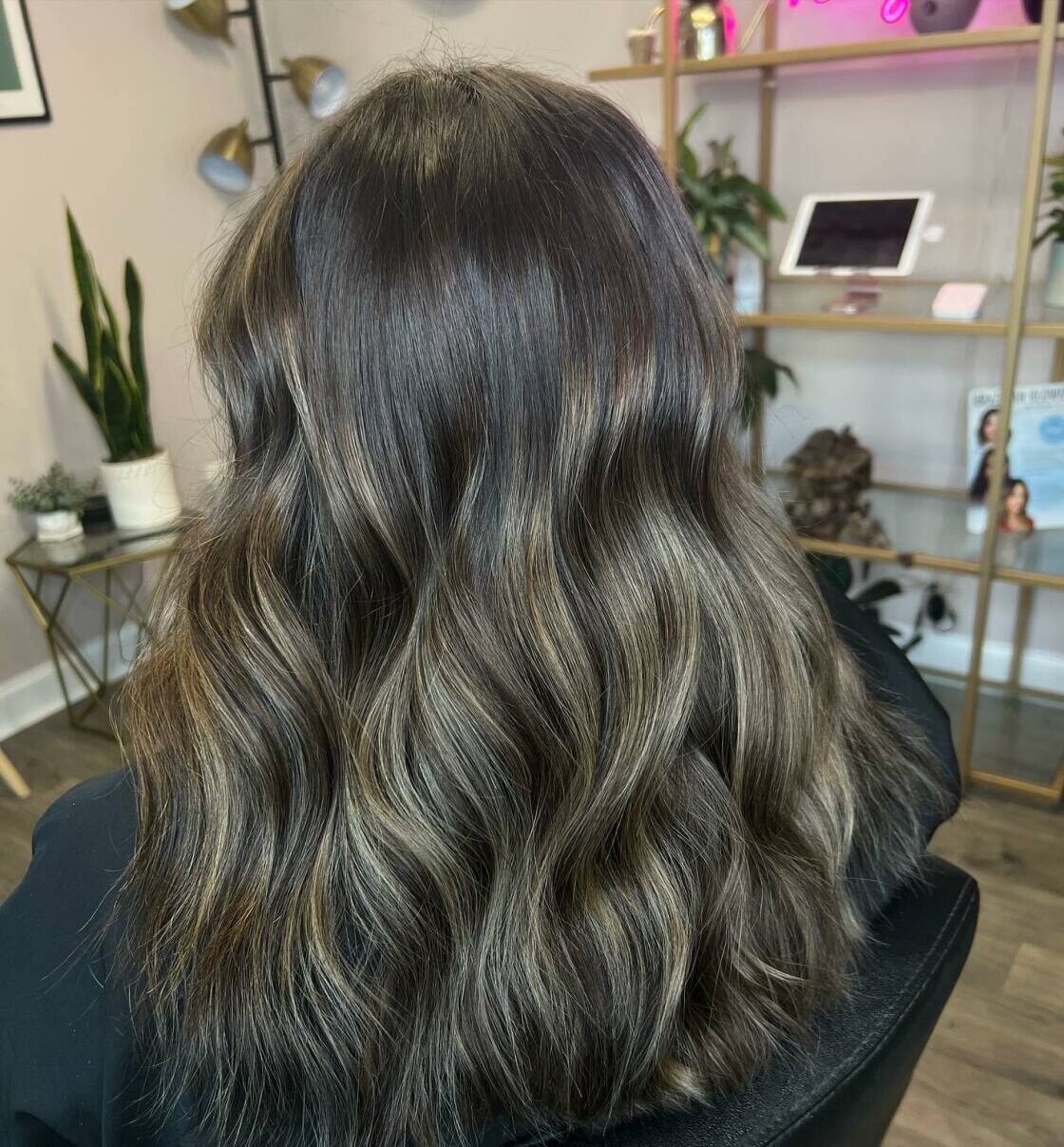 Ash brunette waves with silver-blonde highlights by Emma Howell