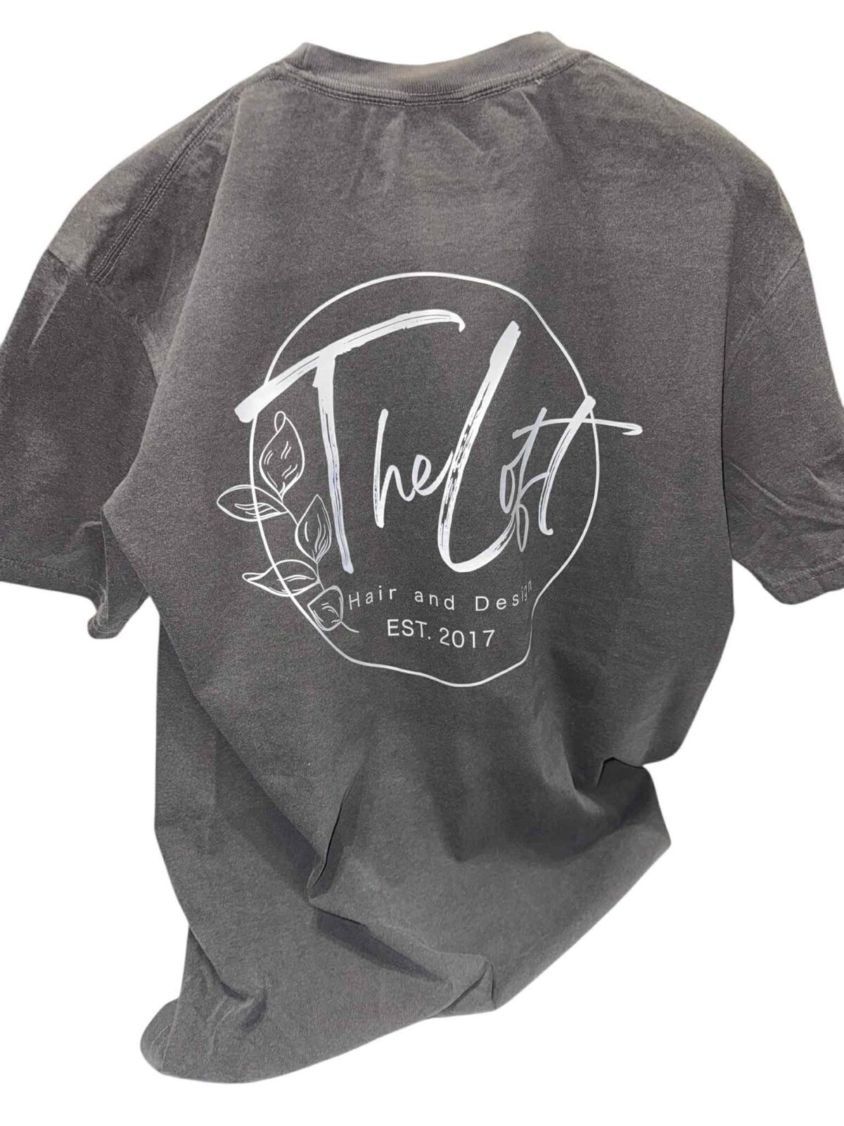 Charcoal Loft tee, back view with large logo print