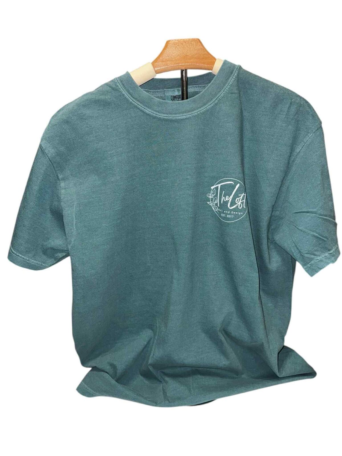 Seafoam green Loft tee with white chest logo